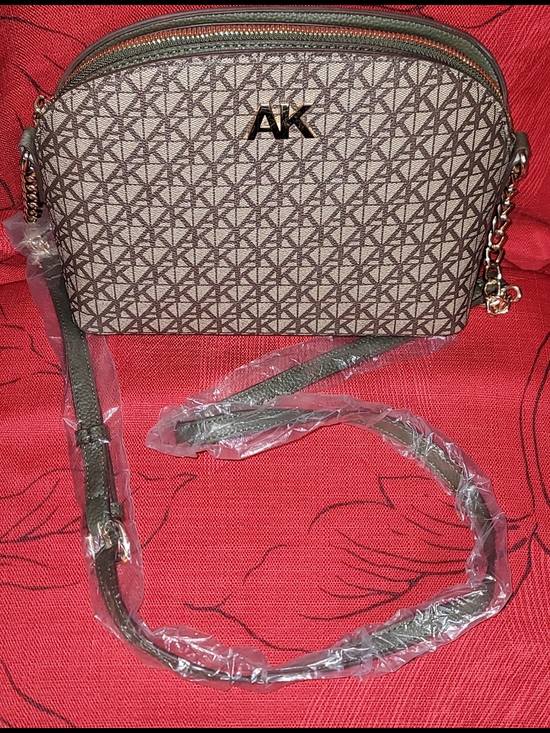 Anne Klein Handbags - Anne Klein Taupe Monogram Crossbody with Gold AK Logo